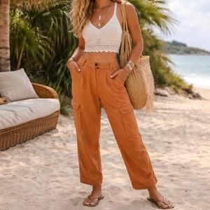 Rachel Roy Orange Linen Cropped Cargo Pants L Washable Lightweight Pockets Beach
